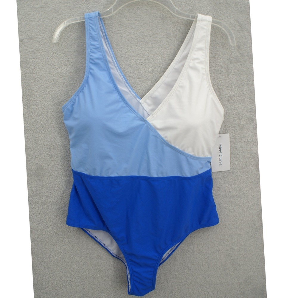 Meet Curve Womens Blue‎ White Colorblock V Neck One Piece Swimsuit XL New